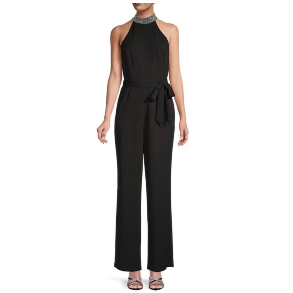 MARINA DRESSES navy blue jumpsuit embellished rhinestones halter belt